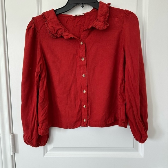 Copper Key Tops - Copper Key Rise Orange Ruffle Collar Botton Down Cropped Longsleeve Blouse
